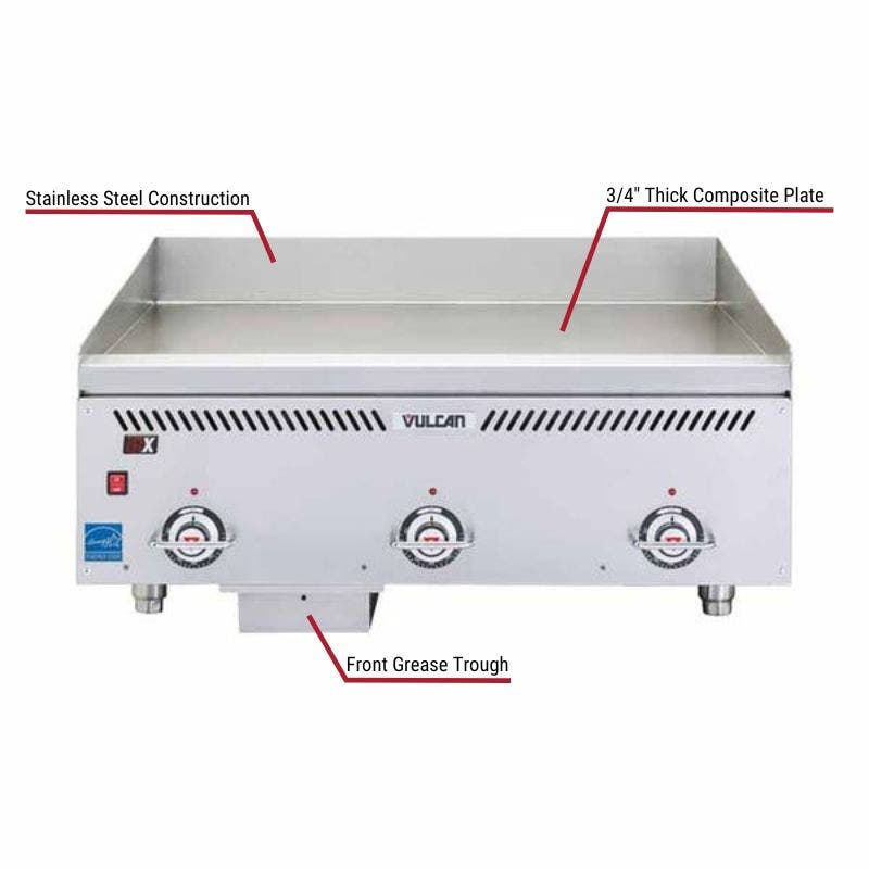 Vulcan VCCG24-AC Heavy Duty 60,000 BTU Thermostat Controlled Liquid Propane Griddle 24"W with specific callouts for stainless steel construction, includes 3/4” polished plate and front grease trough.