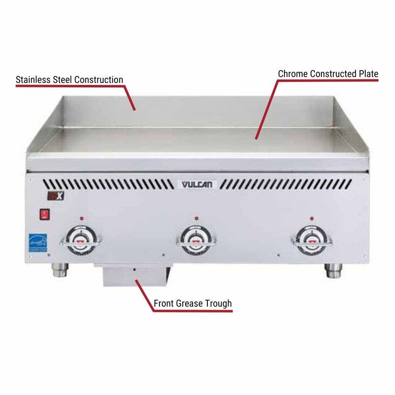 Vulcan commercial griddle with stainless steel construction, chrome-plated cooking surface, and front grease trough. The image includes labeled callouts highlighting these features.