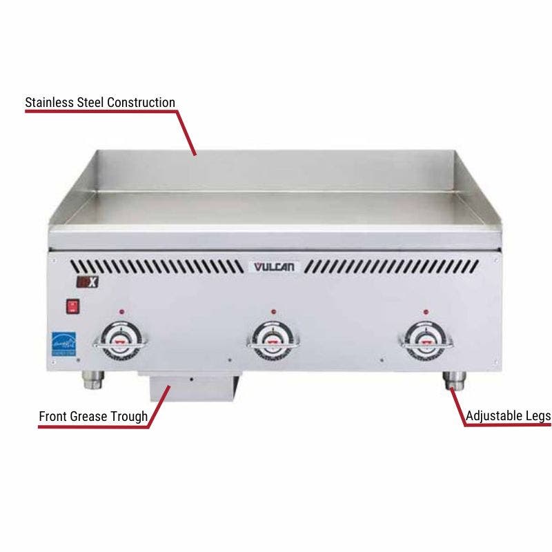 Vulcan commercial griddle with stainless steel construction, adjustable legs, and front grease trough. The image includes labeled callouts highlighting these features.