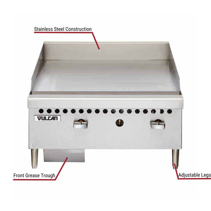 Vulcan commercial griddle with stainless steel construction, adjustable legs, and front grease trough. The image includes labeled callouts highlighting these features.