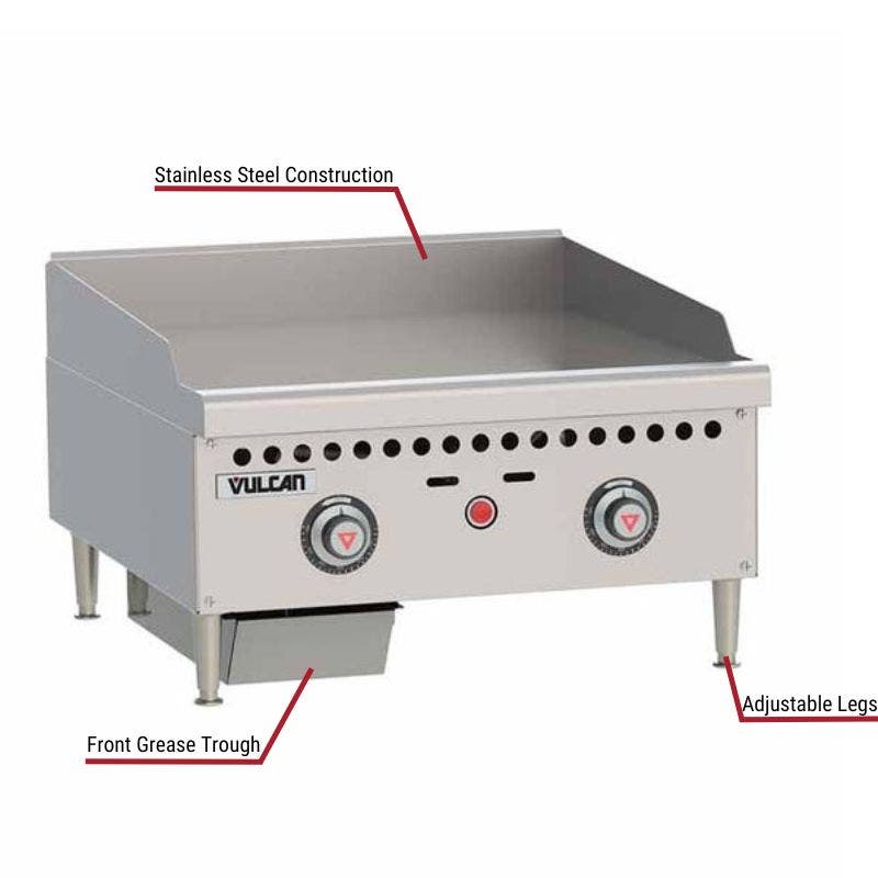 Vulcan commercial griddle with stainless steel construction, adjustable legs, and front grease trough. The image includes labeled callouts highlighting these features.
