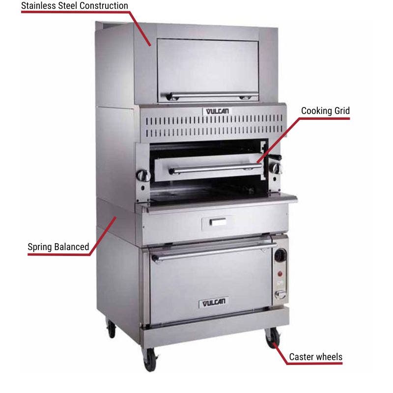 Vulcan commercial broiler with stainless steel construction, spring-balanced doors, cooking grids, and caster wheels. The image includes labeled callouts highlighting these key features.