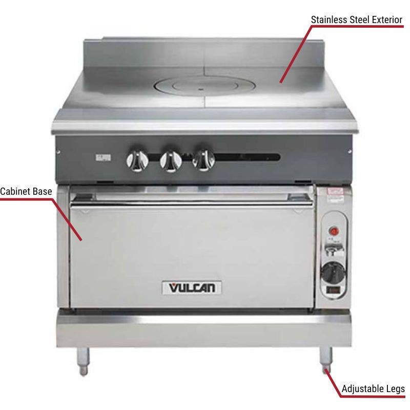 Vulcan commercial range with a stainless steel exterior, cabinet base, and adjustable legs. The image includes labeled callouts highlighting these key features.