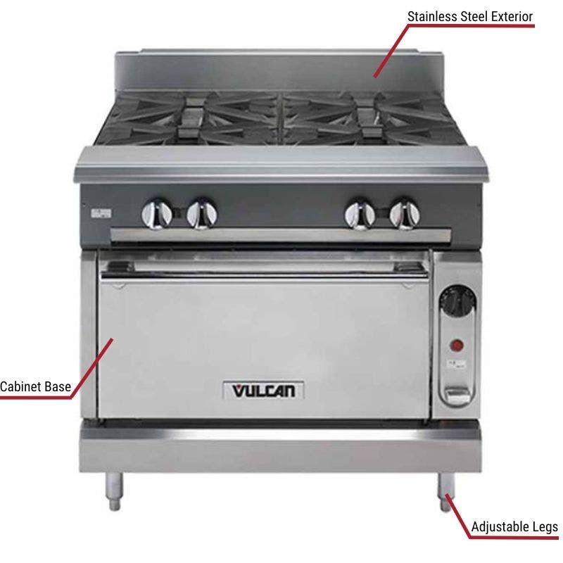 Vulcan commercial range with a stainless steel exterior, cabinet base, and adjustable legs. The image includes labeled callouts highlighting these key features.