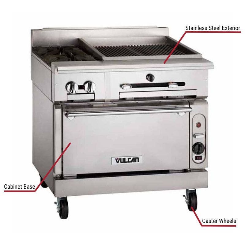 Vulcan commercial range with a stainless steel exterior, cabinet base, and caster wheels. The image includes labeled callouts highlighting these key features.