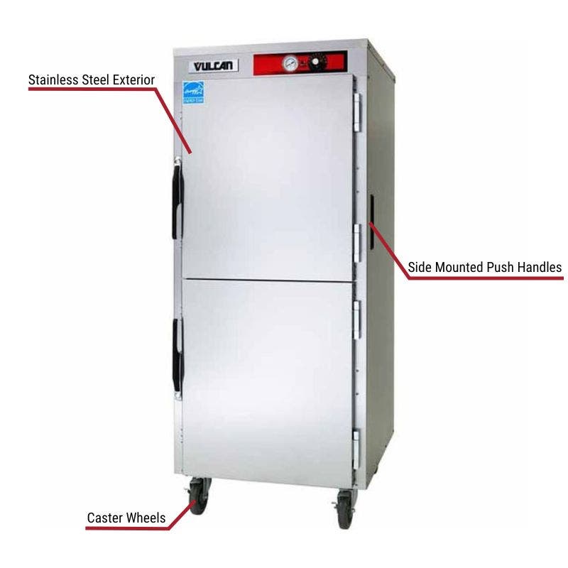 Vulcan commercial holding cabinet with a stainless steel exterior, side-mounted push handles, and caster wheels. The image includes labeled callouts highlighting these key features.