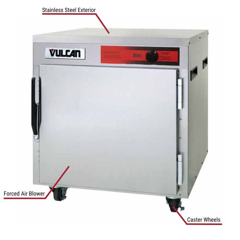 Vulcan commercial warming cabinet with a stainless steel exterior, forced air blower, and caster wheels. The image includes labeled callouts highlighting these key features.