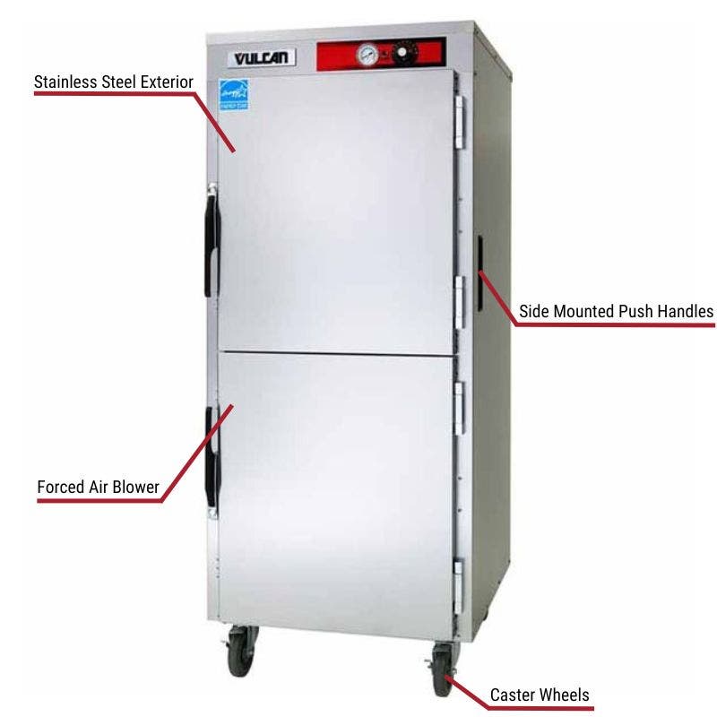 Vulcan commercial warming cabinet with a stainless steel exterior, forced air blower, side-mounted push handles, and caster wheels. The image includes labeled callouts highlighting these key features