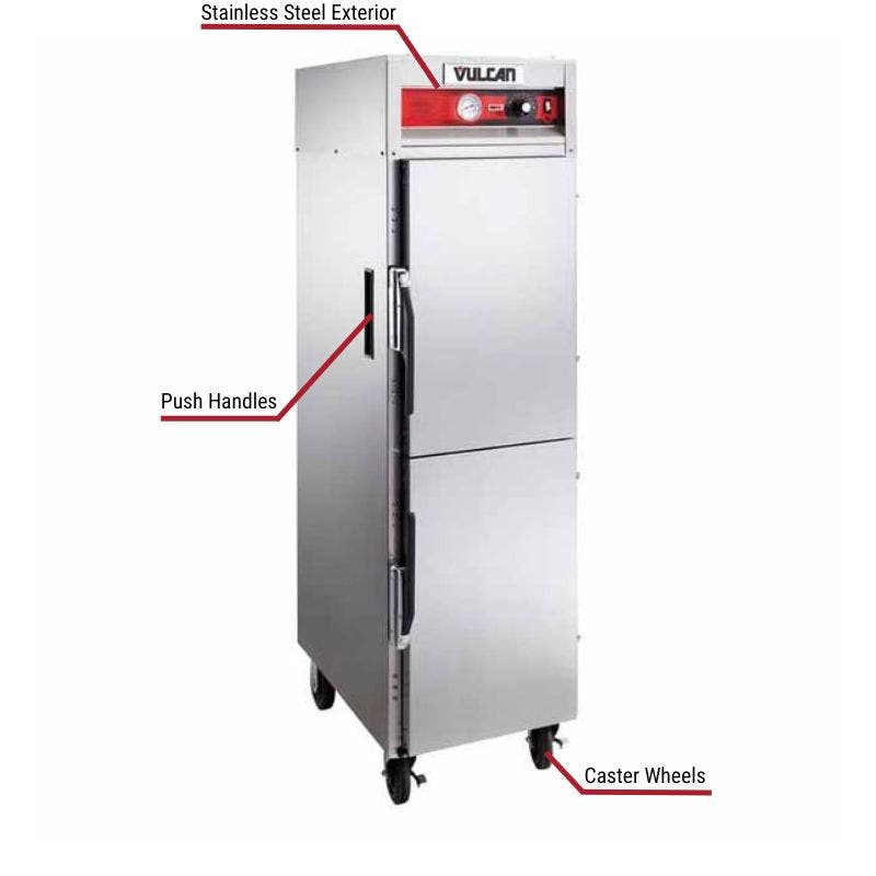 Vulcan commercial warming cabinet with a stainless steel exterior, push handles, and caster wheels. The image includes labeled callouts highlighting these key features.