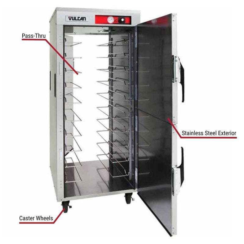 Vulcan commercial pass-thru warming cabinet with a stainless steel exterior and caster wheels. The image includes labeled callouts highlighting these key features.