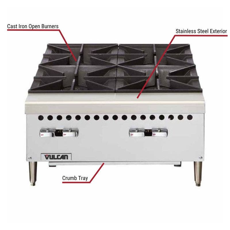 Vulcan commercial gas hot plate with a stainless steel exterior, cast iron open burners, and a crumb tray. The image includes labeled callouts highlighting these key features.