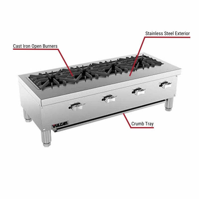 Vulcan commercial gas hot plate with a stainless steel exterior, cast iron open burners, and a crumb tray. The image includes labeled callouts highlighting these key features.