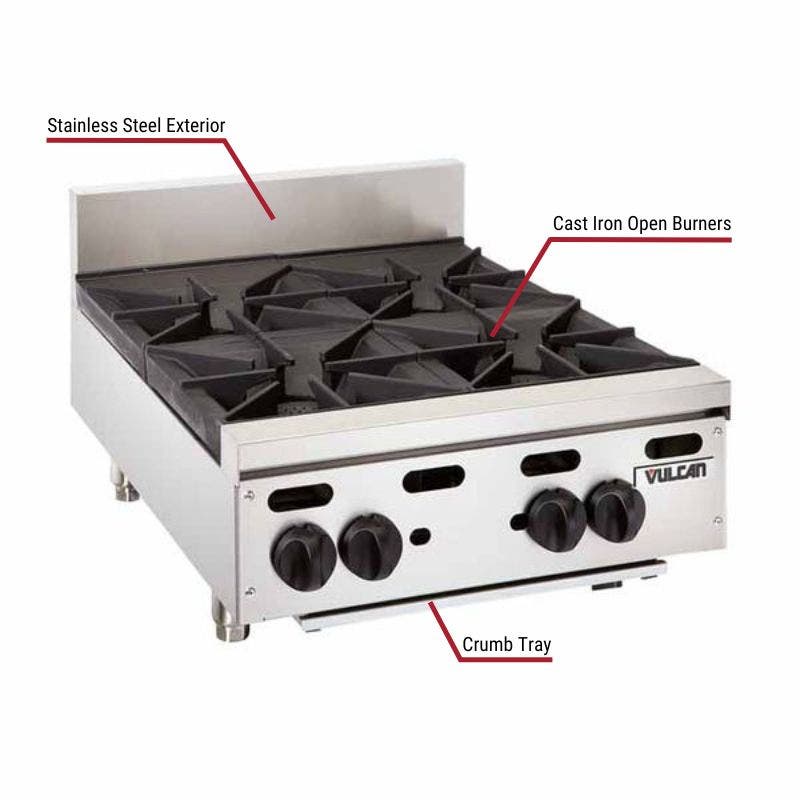 Vulcan commercial gas hot plate with a stainless steel exterior, cast iron open burners, and a crumb tray. The image includes labeled callouts highlighting these key features.