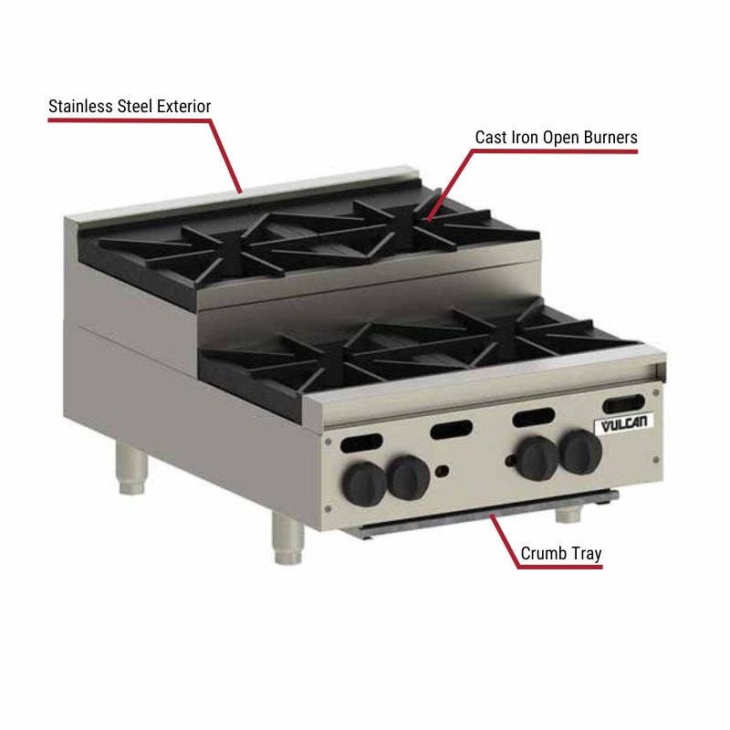Vulcan commercial step-up hot plate with a stainless steel exterior, cast iron open burners, and a crumb tray. The image includes labeled callouts highlighting these key features.