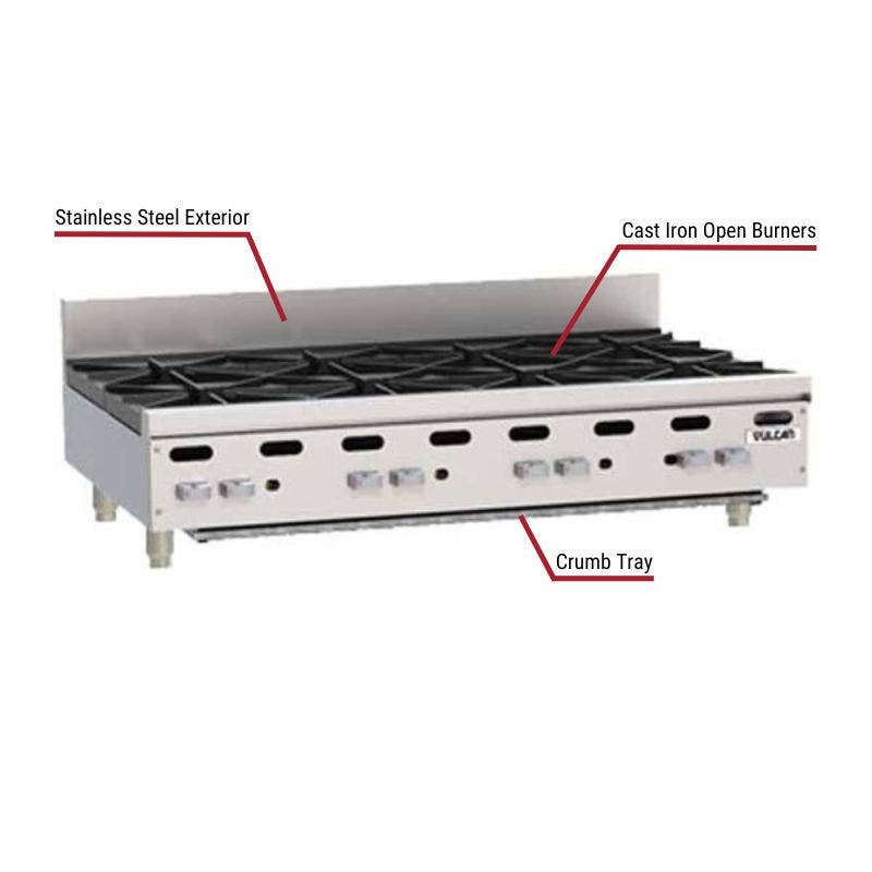 Vulcan commercial gas hot plate with a stainless steel exterior, cast iron open burners, and a crumb tray. The image includes labeled callouts highlighting these key features.