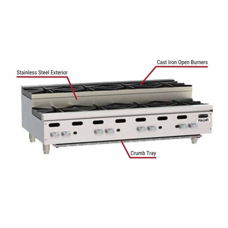 Vulcan commercial step-up gas hot plate with a stainless steel exterior, cast iron open burners, and a crumb tray. The image includes labeled callouts highlighting these key features.