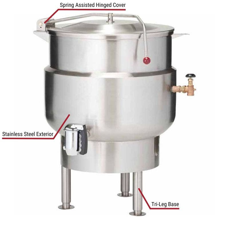 Vulcan commercial stationary kettle with a stainless steel exterior, spring-assisted hinged cover, and tri-leg base. The image includes labeled callouts highlighting these key features.