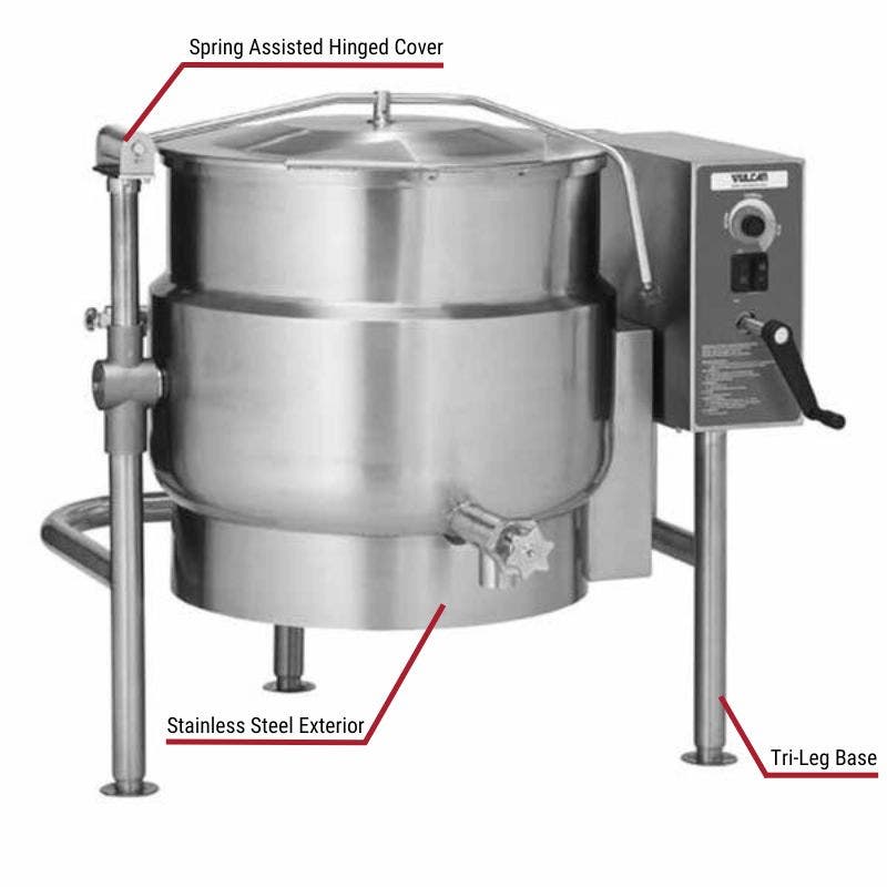 Vulcan commercial tilting kettle with a stainless steel exterior, spring-assisted hinged cover, and tri-leg base. The image includes labeled callouts highlighting these key features.
