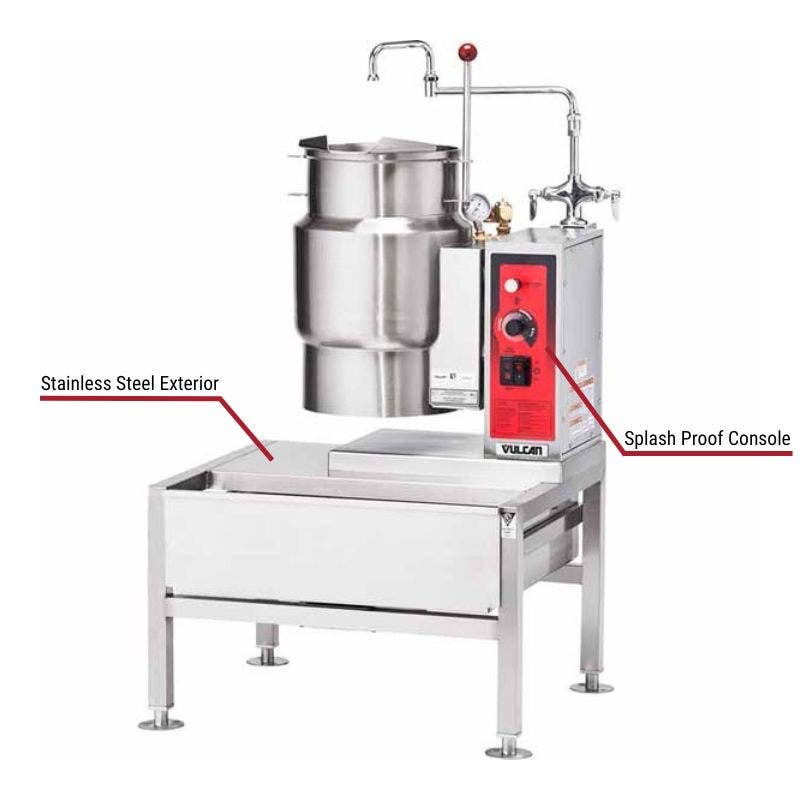 Vulcan commercial tilting kettle with a stainless steel exterior, splash-proof console, and a sturdy base. The image includes labeled callouts highlighting these key features.