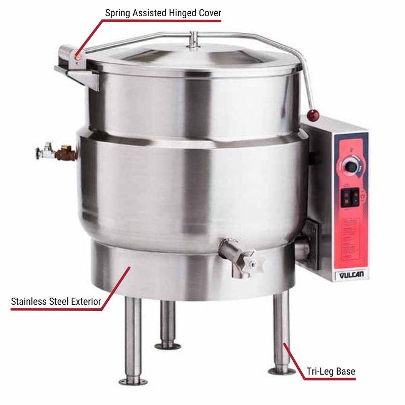 Vulcan commercial stationary kettle with a stainless steel exterior, spring-assisted hinged cover, and tri-leg base. The image includes labeled callouts highlighting these key features.