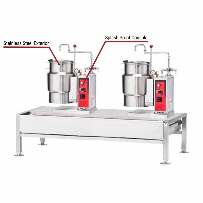 Vulcan commercial dual tilting kettles with a stainless steel exterior and splash-proof consoles. The image includes labeled callouts highlighting these key features.