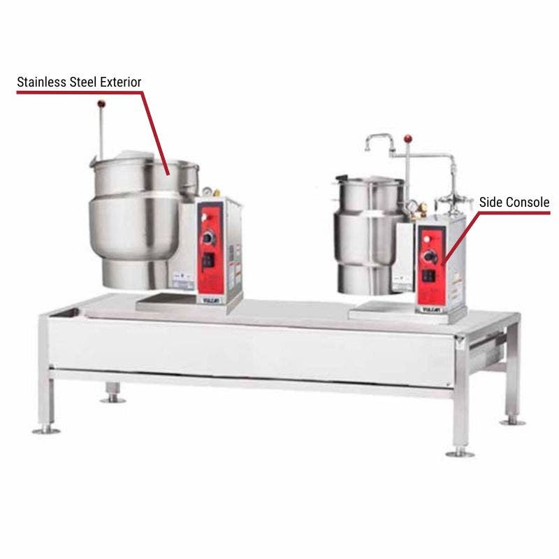 Vulcan commercial dual kettles with a stainless steel exterior and side console. The image includes labeled callouts highlighting these key features.