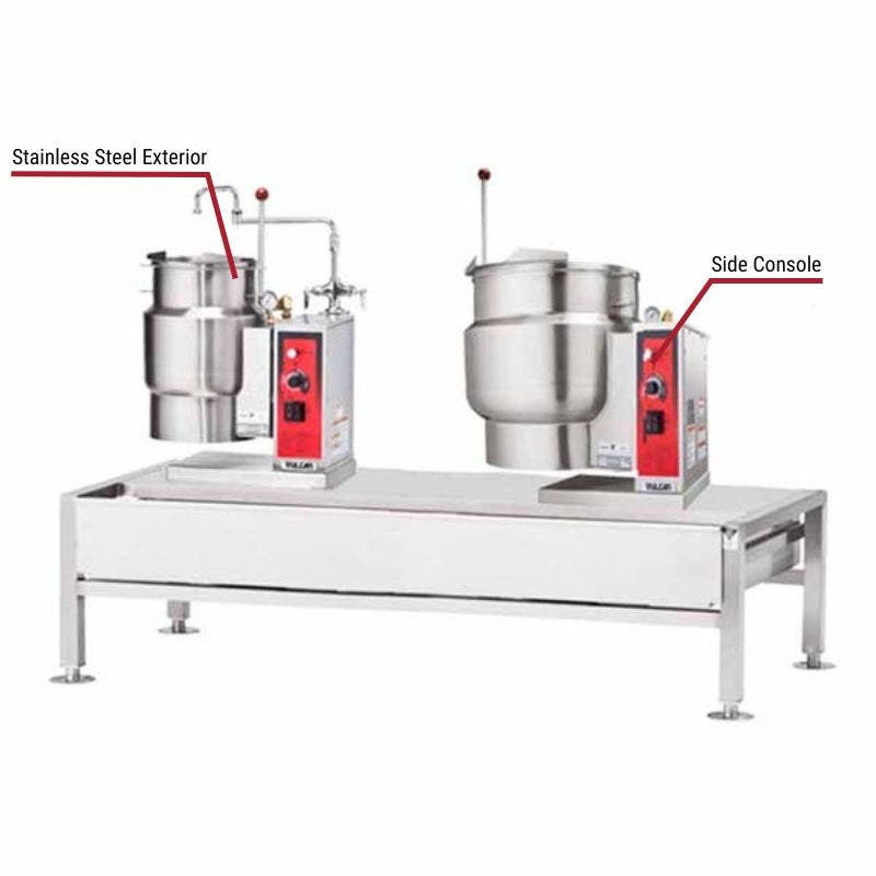 Vulcan commercial dual kettles with a stainless steel exterior and side console. The image includes labeled callouts highlighting these key features.