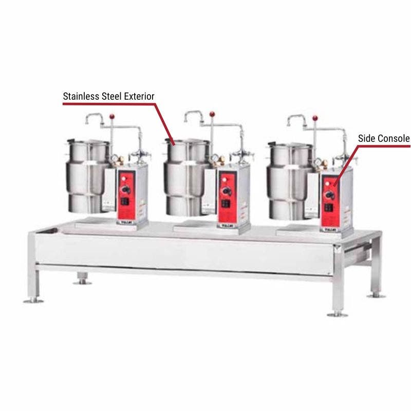 Vulcan commercial dual kettles with a stainless steel exterior and side console. The image includes labeled callouts highlighting these key features.