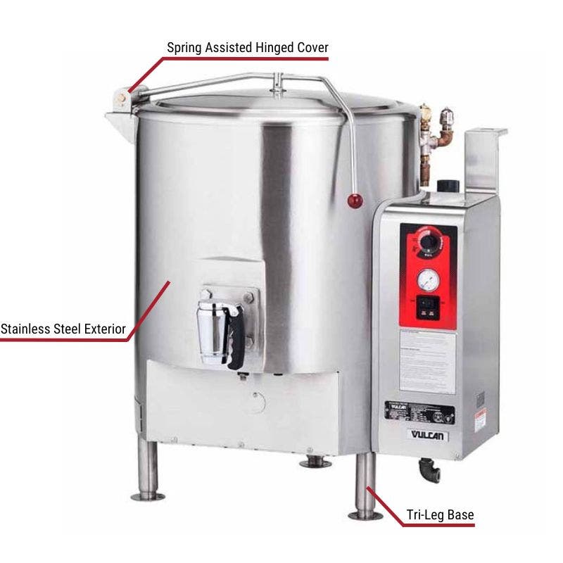 Vulcan commercial stationary kettle with a stainless steel exterior, spring-assisted hinged cover, tri-leg base, and control panel. The image includes labeled callouts highlighting these key features.