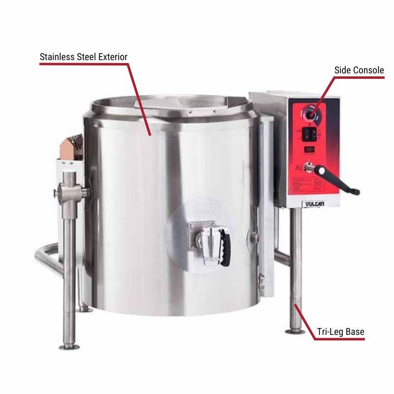 Vulcan commercial tilting kettle with a stainless steel exterior, side console, and tri-leg base. The image includes labeled callouts highlighting these key features.