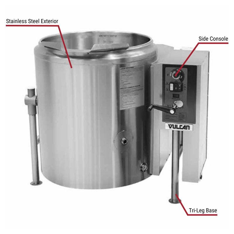 Vulcan commercial tilting kettle with a stainless steel exterior, side console, and tri-leg base. The image includes labeled callouts highlighting these key features.