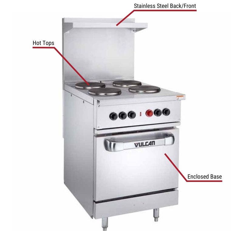 Vulcan commercial hot top range with a stainless steel back and front, enclosed base, and multiple hot tops. The image includes labeled callouts highlighting these key features.
