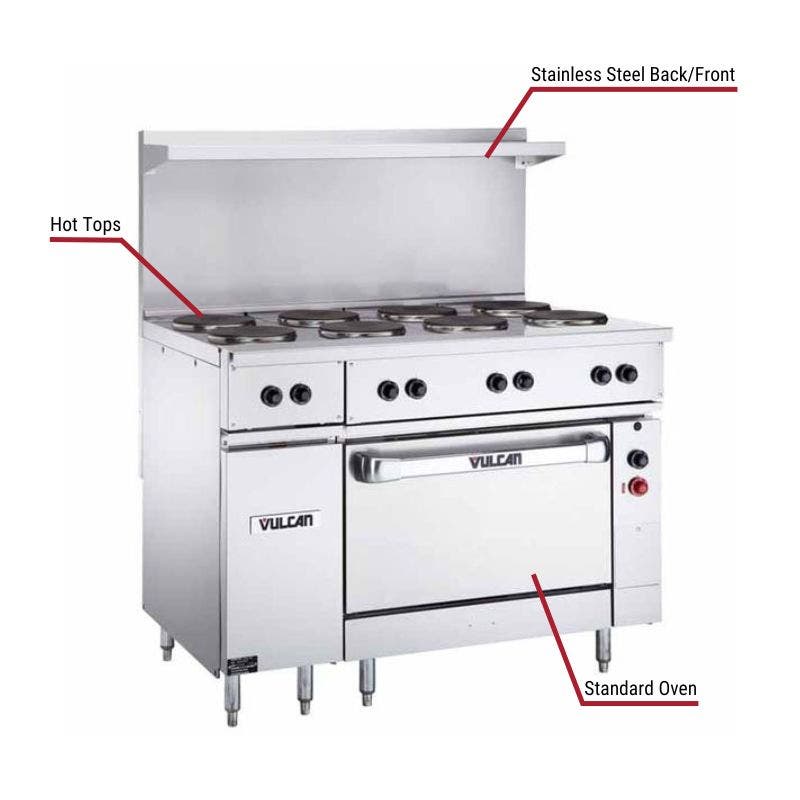 Vulcan commercial hot top range with a stainless steel back and front, multiple hot tops, and a standard oven. The image includes labeled callouts highlighting these key features.