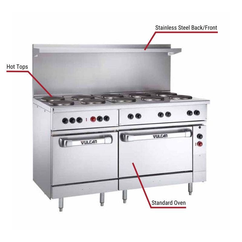 Vulcan commercial hot top range with a stainless steel back and front, multiple hot tops, and two standard ovens. The image includes labeled callouts highlighting these key features.