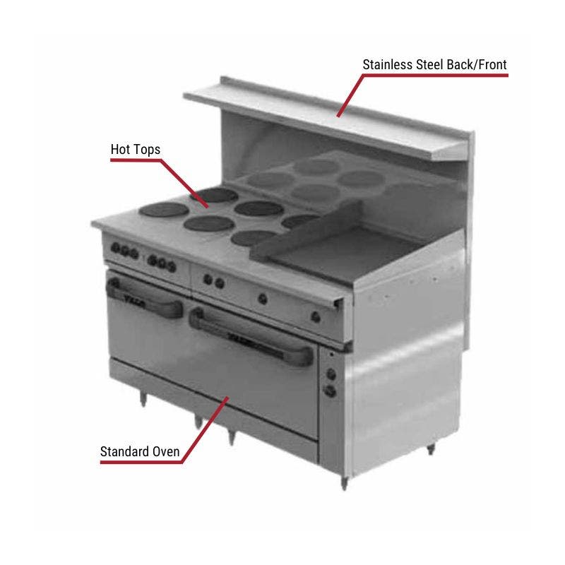 Vulcan commercial hot top range with a stainless steel back and front, multiple hot tops, a built-in griddle, and a standard oven. The image includes labeled callouts highlighting these key features.