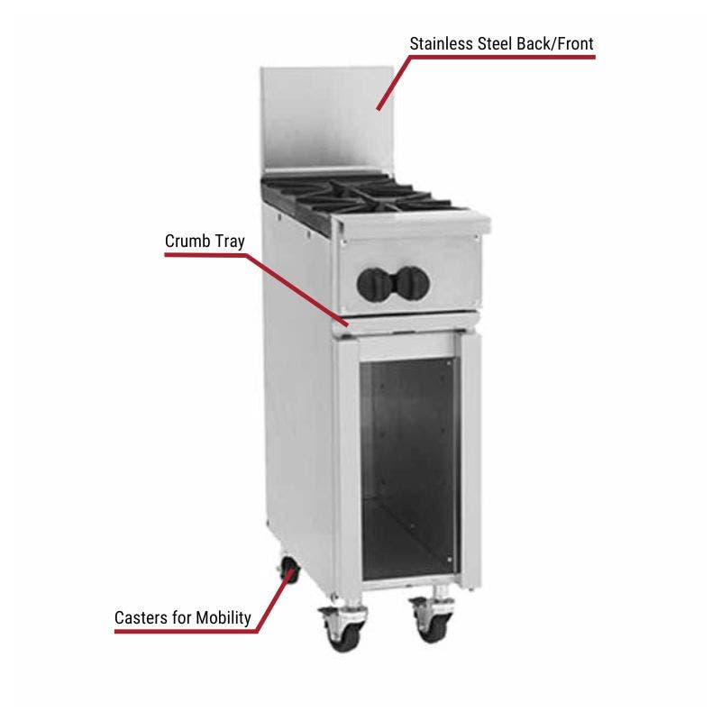 Vulcan commercial range with a stainless steel back and front, a built-in crumb tray, and casters for mobility. The image includes labeled callouts highlighting these key features.