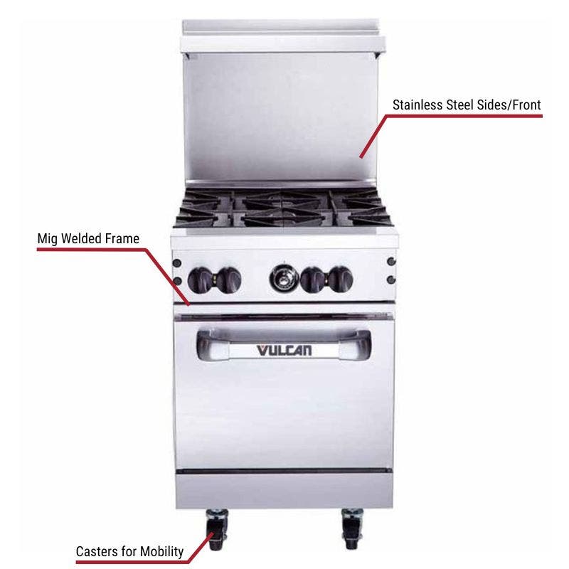Vulcan commercial range with a stainless steel front and sides, MIG welded frame, and casters for mobility. The image includes labeled callouts highlighting these key features.