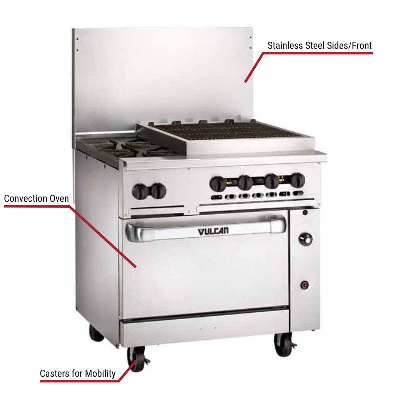 Vulcan commercial range with a stainless steel front and sides, convection oven, and casters for mobility. The image includes labeled callouts highlighting these key features.