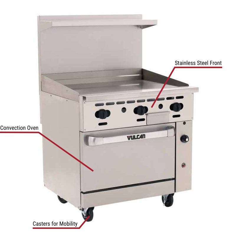 Vulcan commercial range with a stainless steel front, convection oven, and casters for mobility. The image includes labeled callouts highlighting these key features.