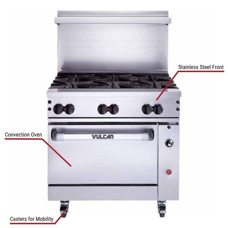 Vulcan commercial range with a stainless steel front, convection oven, and casters for mobility. The image includes labeled callouts highlighting these key features.