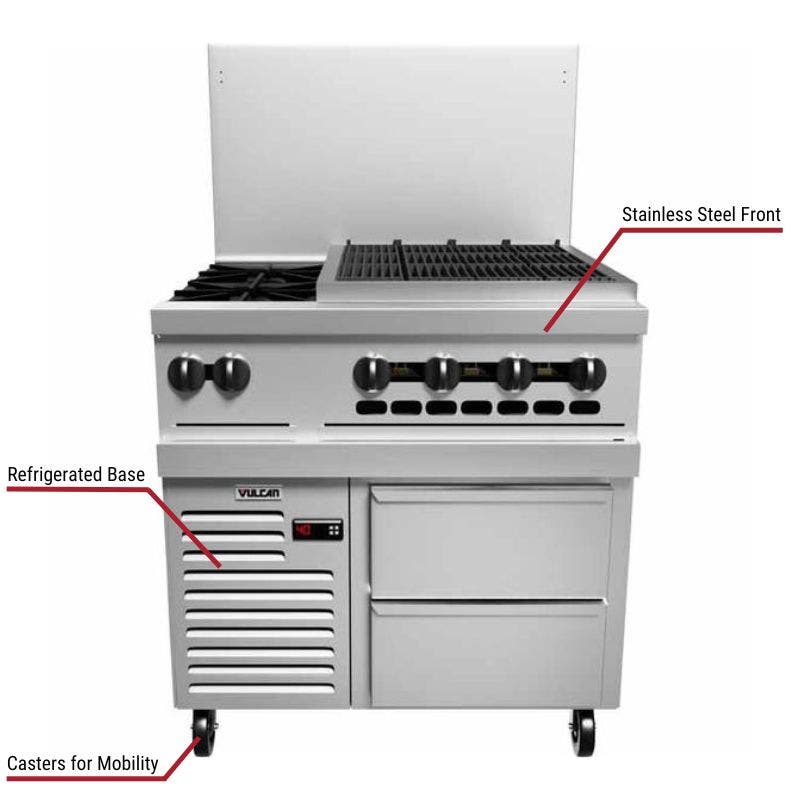 Vulcan commercial range with a stainless steel front, refrigerated base, and casters for mobility. The image includes labeled callouts highlighting these key features.
