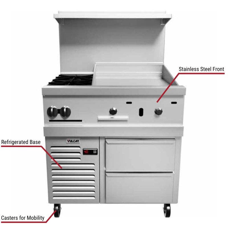 Vulcan commercial range with a stainless steel front, refrigerated base, and casters for mobility. The image includes labeled callouts highlighting these key features.