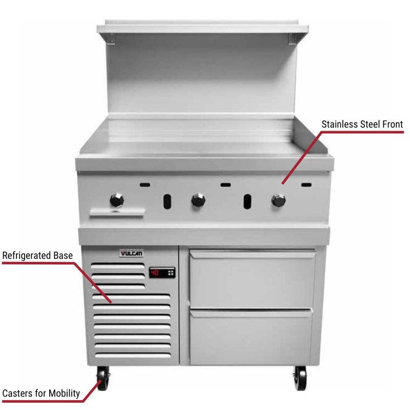 Vulcan commercial griddle with a stainless steel front, refrigerated base, and casters for mobility. The image includes labeled callouts highlighting these key features.