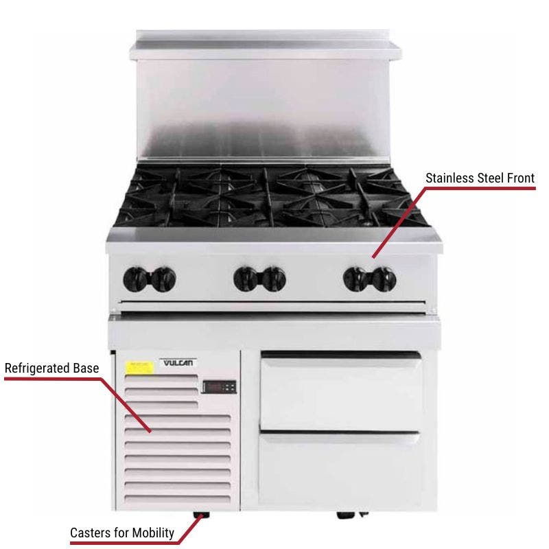 Vulcan commercial range with a stainless steel front, refrigerated base, and casters for mobility. The image includes labeled callouts highlighting these key features.