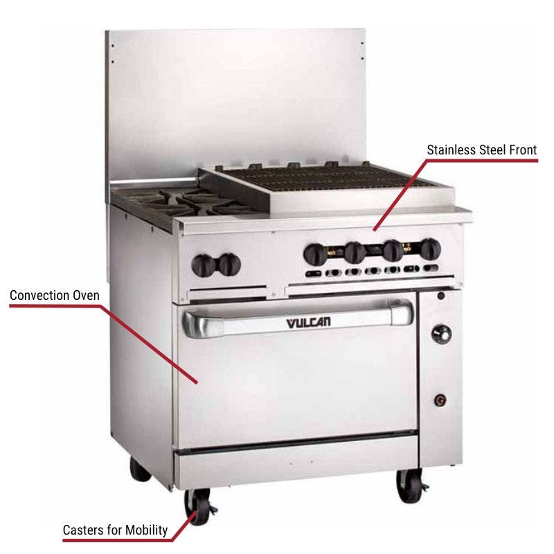Vulcan commercial range with a stainless steel front, convection oven, and casters for mobility. The image includes labeled callouts highlighting these key features.