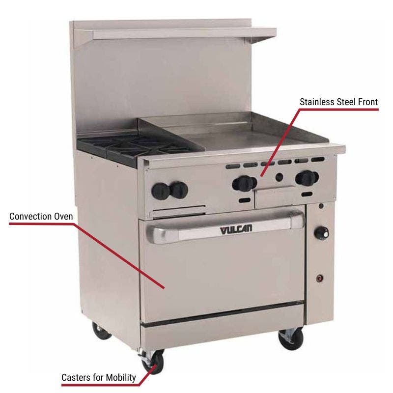 Vulcan commercial range with a stainless steel front, convection oven, and casters for mobility. The image includes labeled callouts highlighting these key features.