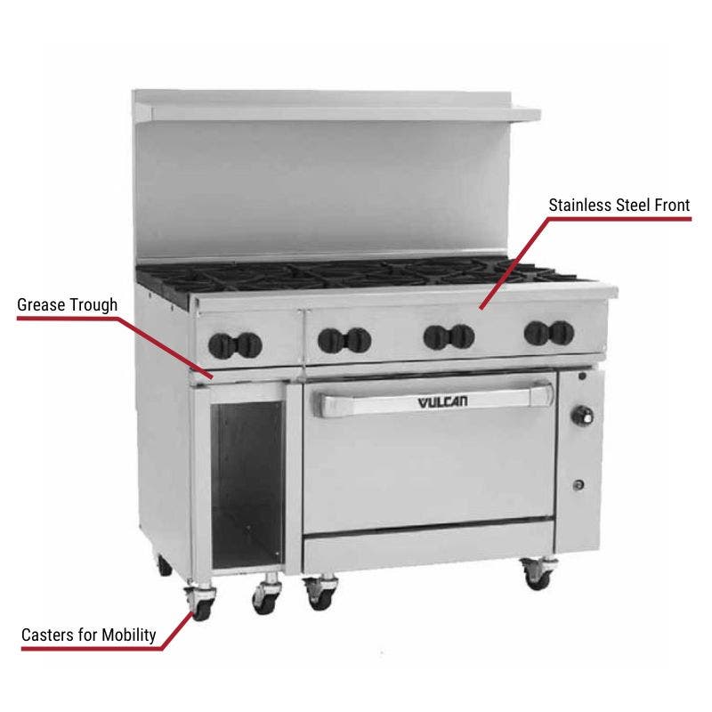 Vulcan commercial range with a stainless steel front, grease trough, and casters for mobility. The image includes labeled callouts highlighting these key features.