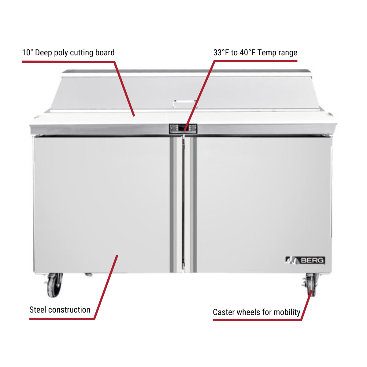 Berg BERS48 12 Pan 2-Door Sandwich Prep Table 48-1/4"W With Callouts to 10" Deep Cutting Board, 33 to 40 Degree Temp Range, Steel Construction, Casters