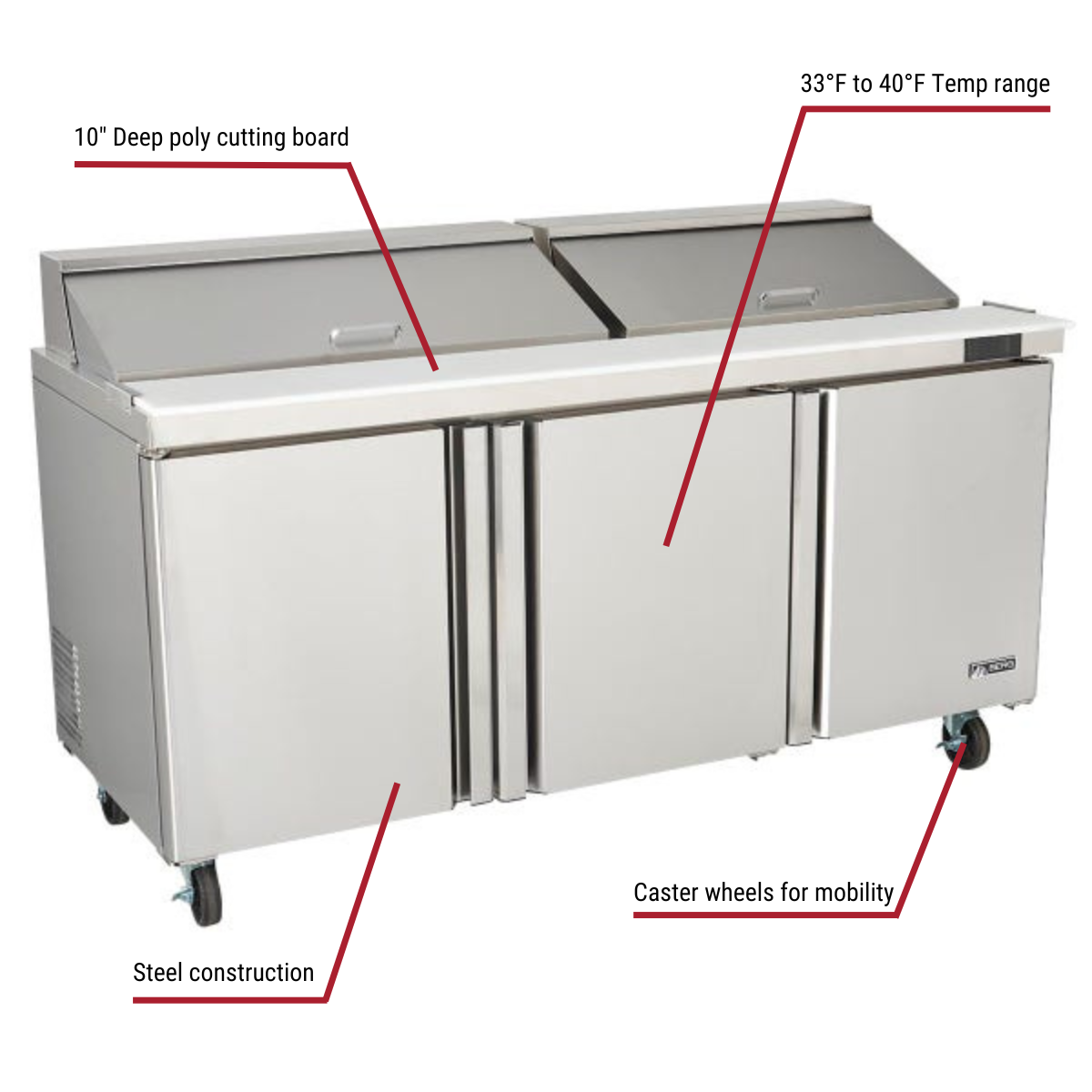 Berg BERS72 18 Pan 3-Door Sandwich Prep Table 72-3/4"W With Callouts to 10" Deep Cutting Board, 33 to 40 Degree Temp Range, Casters, Stainless Steel Construction