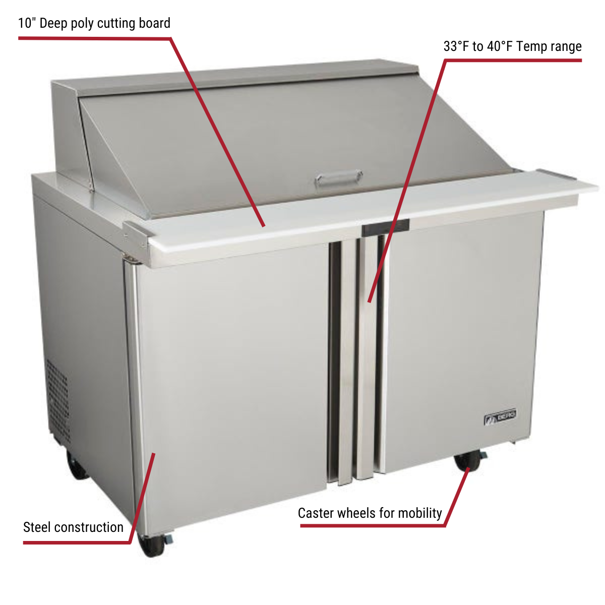 Berg BERMS48 18 Pan 2-Door Mega-Top Sandwich Prep Table 48-1/4"W With Callouts to 10" Deep Cutting Board, 33 to 40 Degree Temp Range, Steel Construction, Caster Wheels